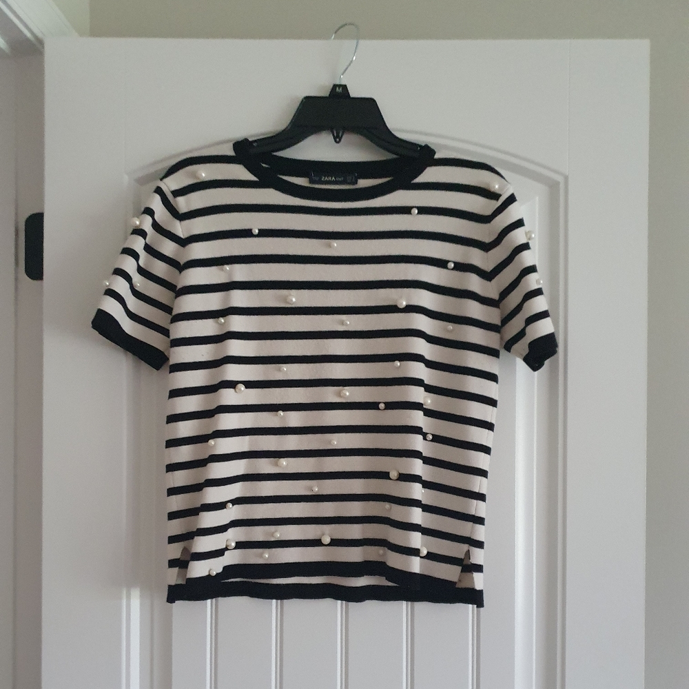 Zara Knit Black + White Striped Top with Pearls